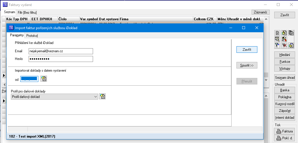 Komunikační modul pro Import faktur vydaných iDoklad
