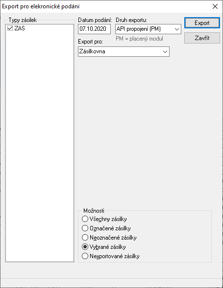 Modul pro export zásilek přes API propojení přepravců